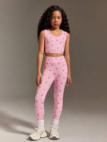 Tween Girls Cute Pink Activewear Set,Summer Colorful Pattern Vivid Top With Cutout Back Design & Pants Set,Suitable For Gym Gymnastics Training Wear - Pink - View 2