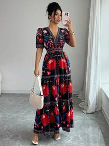 Elenzga 女士碎花V领腰部层叠下摆连衣裙，夏季度假风 - 彩色 - 查看 3