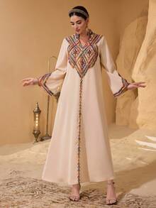 Layrah Women's Spring/Summer New Elegant Luxurious Dignified Turkish & Arabic Traditional Long Dress, Featuring Elaborate Embroidery, Beading, Lace Trim, V-Neck, Woven Waist Tie - Champagne - View 3