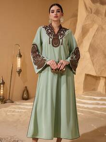 Layrah Women's New Fashion Elegant Luxurious Colorblock Floral Collar, Cuff, Sequin Embroidery, Rope Tie, Irregular Ruffle Flared Sleeve Maxi Dress, Spring/Summer Turkish & Arabic Traditional Kaftan - Green - View 5