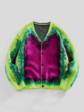 Cárdigan de punto de manga larga de un solo botonadura con contraste de color para hombre, corte holgado, otoño/invierno