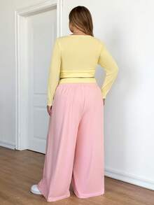 SHEIN CURVE+ 新款春秋季休闲度假两件套，字母印花长袖T恤搭配撞色长裤，奶油黄和粉色 - 彩色 - 查看 3