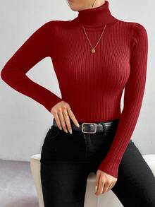 RosyDaze Sweater Lengan Panjang Slim Fit Warna Polos Model Turtleneck Minimalis Klasik - Merah - View 6