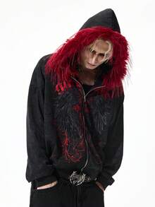 ROMWE MEN Goth Áo hoodie nam màu tối, viền lông mềm mại, có khóa kéo, kiểu dáng thường ngày, thích hợp cho mùa thu. - màu đen - Xem 8