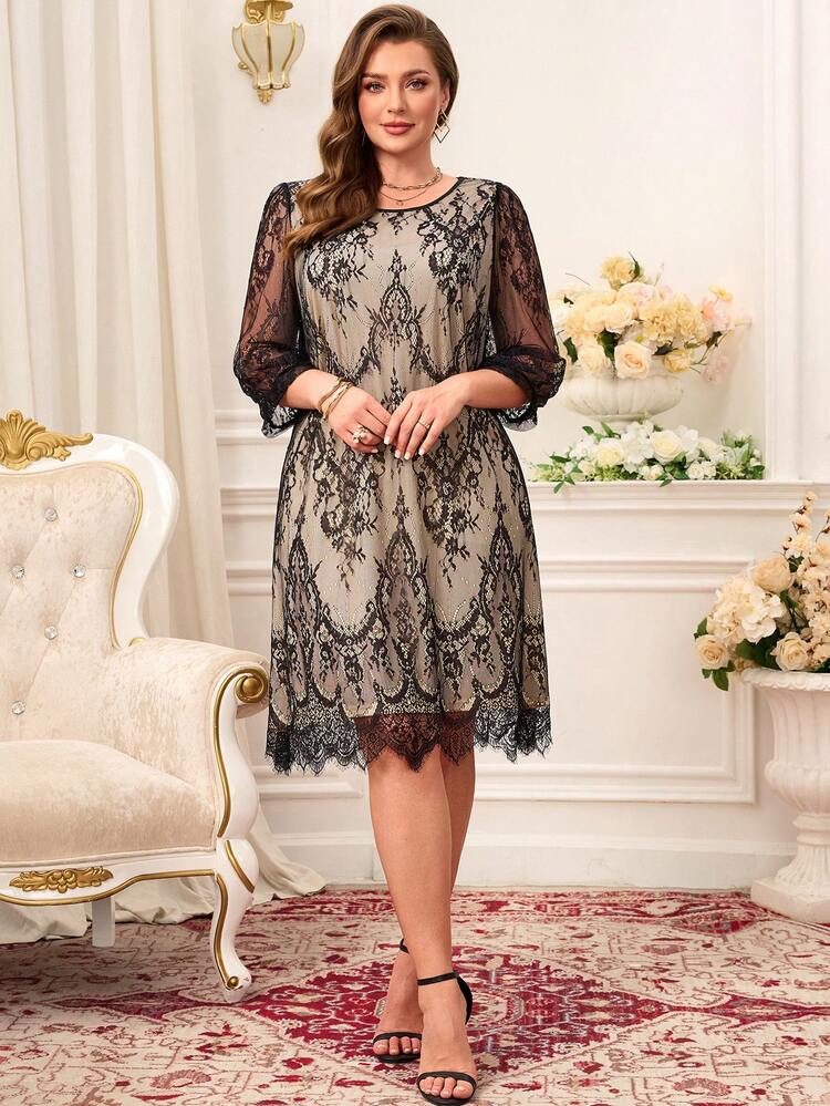 Plus Size Women Floral Lace Round Neck 3/4 Sleeve Loose Elegant Dress For Summer Mother Of The Bride Dress Plus Size Luxury Dress For Women Mother Of Groom Dress Black Lace Dress Plus Graduation Dress Women Elegant Party Outfit Wedding Guest Dress