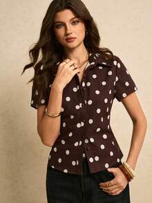 Poéselle 女士波点印花短袖单排扣休闲衬衫，棕色上衣，波点上衣，优雅女士衬衫，女士休闲衬衫，女士度假装，Y2K风格上衣，夏季上衣，春季女装，女士外出上衣，春夏款 - 棕色 - 查看 4