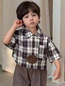 DAZY Young Boys' Fashionable Plaid Print Button-Down Short Sleeve Shirt Spring - Brown - View 8