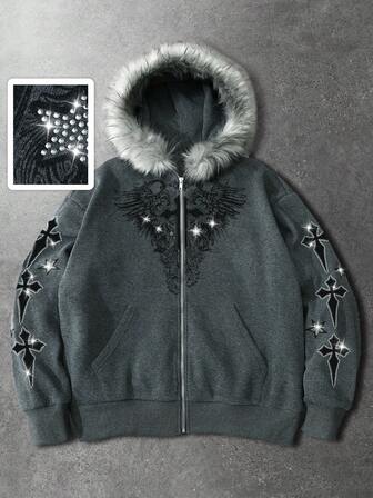 Street Life Felpa con cappuccio da uomo con inserti in pelliccia sintetica, decorata con strass e zip