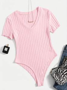 SHEIN EZwear 加大码粉色V领短袖罗纹休闲连体衣 - 粉色 - 查看 1