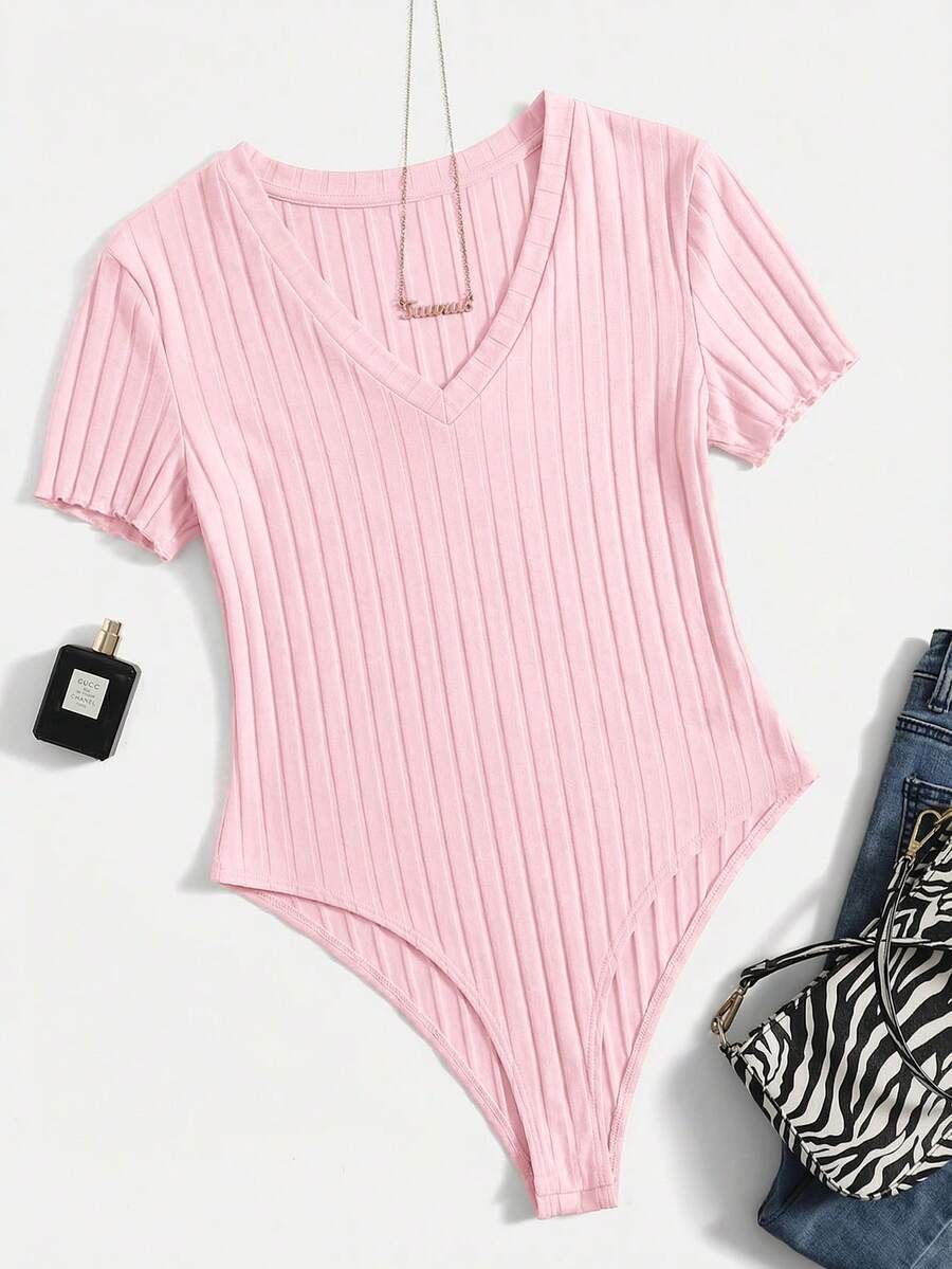 SHEIN EZwear 加大码粉色V领短袖罗纹休闲连体衣 - 粉色 - 查看 1