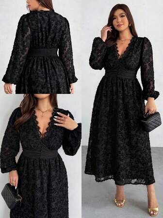 Firerie Plus Size Elegant Casual Shirred Lace Patchwork Textured Jacquard Long Sleeve Waist Tie Flare Dress For Women, Autumn/Winter