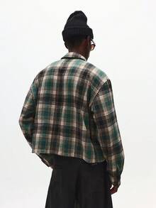 SUMWON 宽松长袖格子衬衫，胸前有口袋，纽扣休闲法兰绒风格衬衫，适合秋冬分层穿着 - 綠色 - 查看 2