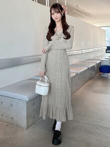 FRIFUL Women's Textured Fabric Ruffle Trim Long Fitted Dress Wedding Guest Dress - Apricot - View 3