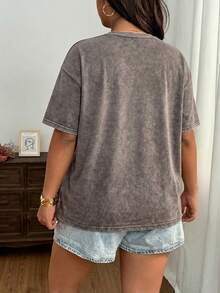 SHEIN EZwear 大码复古做旧棉质刺绣宽松棕色T恤 - 棕色 - 查看 3
