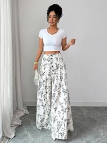 Rafferiza 女士印花褶裥前开襟纽扣裤 - 杏色 - 查看 5