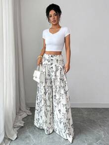 Rafferiza 女士印花褶裥前开襟纽扣裤 - 杏色 - 查看 7