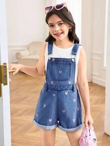 SHEIN Tween Girls Spring/Summer Break Light Washed Casual Heart Embroidery Cute Baggy Denim Jumpsuit Overalls Shorts Without Vest For Tween Girl Summer Clothes,Girls Summer Beach Boho Vacation Shorts ,Summer Concert Festival Casual Rave Outfits - Medium Wash - View 5