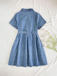SHEIN Vintaside Kids Girls' Spring/Summer Turndown Collar Long Sleeve Fashionable Casual Washed Denim Dress - Blue - View 2