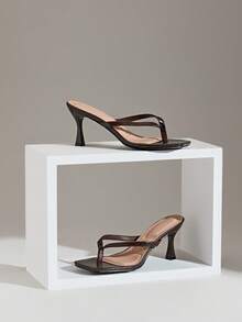 SHUZIA 女士极简时尚舒适方头细高跟人字拖凉鞋 - 巧克力棕 - 查看 4