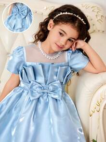 1pc Girls' Summer Blue Flower Girl Dress,Mesh Collar Short Sleeve Satin Puff Skirt With Bow Decor,Elegant Formal Party Birthday Performance Dress - Blue - View 8