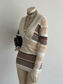 Elamini Casual Striped Sweater, Women's Winter Top Sweater Dress Womens Sweaters Knit Dress - Grey - View 5