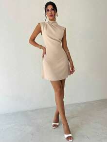 Firerie Women's Elegant Minimalist Casual Daily Commute Vacation Fashion New Small Stand Collar Draped Sleeve Cinched Waist A-Line Apricot Mini Dress - Apricot - View 5