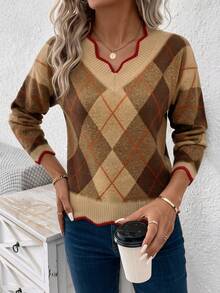 EMERY ROSE Áo len nữ cổ chữ V dáng rộng, phong cách thường ngày, thích hợp cho mùa thu/đông. - Màu Khaki - Xem 5