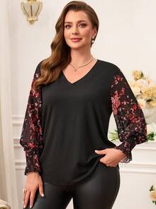 Miaspire 大码印花拼接T恤，休闲秋季情人节春假夏季假日嘉年华婚礼及活动优雅之选，春夏度假大码长袖上衣 - 黑色 - 查看 2