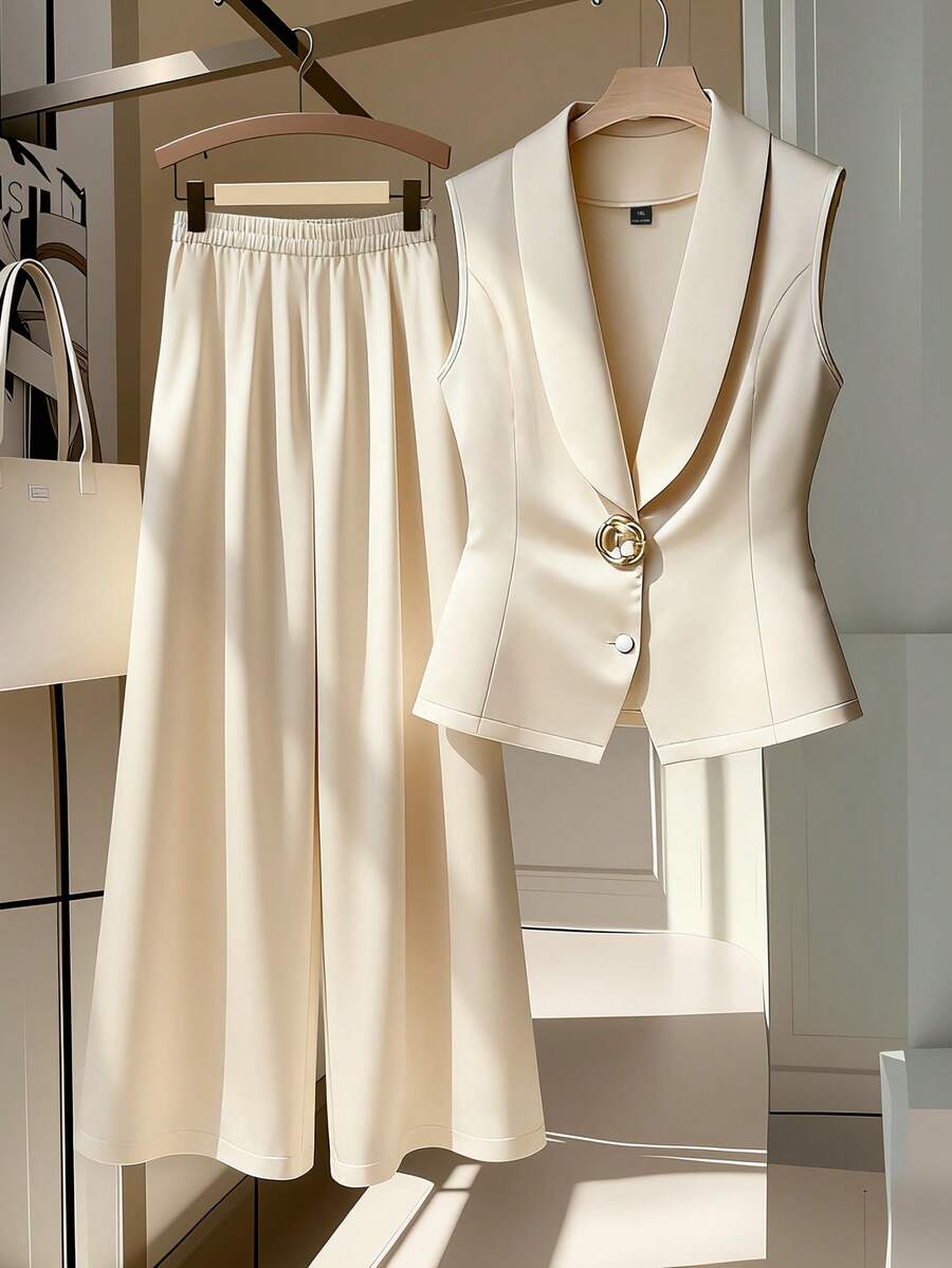 GlowEve CURVE Plus Size Women Elegant Shawl Neck Vest And Wide Leg Pants Suit, Simple Solid Color, Suitable For Work And Commute - Apricot - View 1