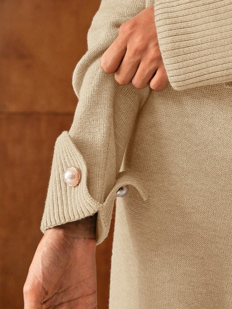 2PCS WOMEN'S HIGH NECK FAUX PEARL DECOR SWEATER AND KNIT PANTS SET