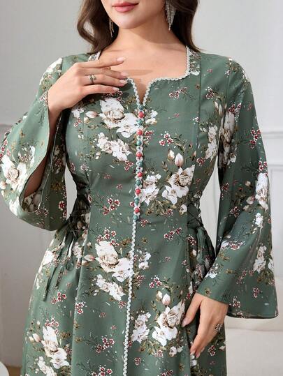 Al Najma Đầm Ả Rập thanh lịch, tay xòe, in hoa dành cho nữ cỡ lớn, thiết kế cài nút.