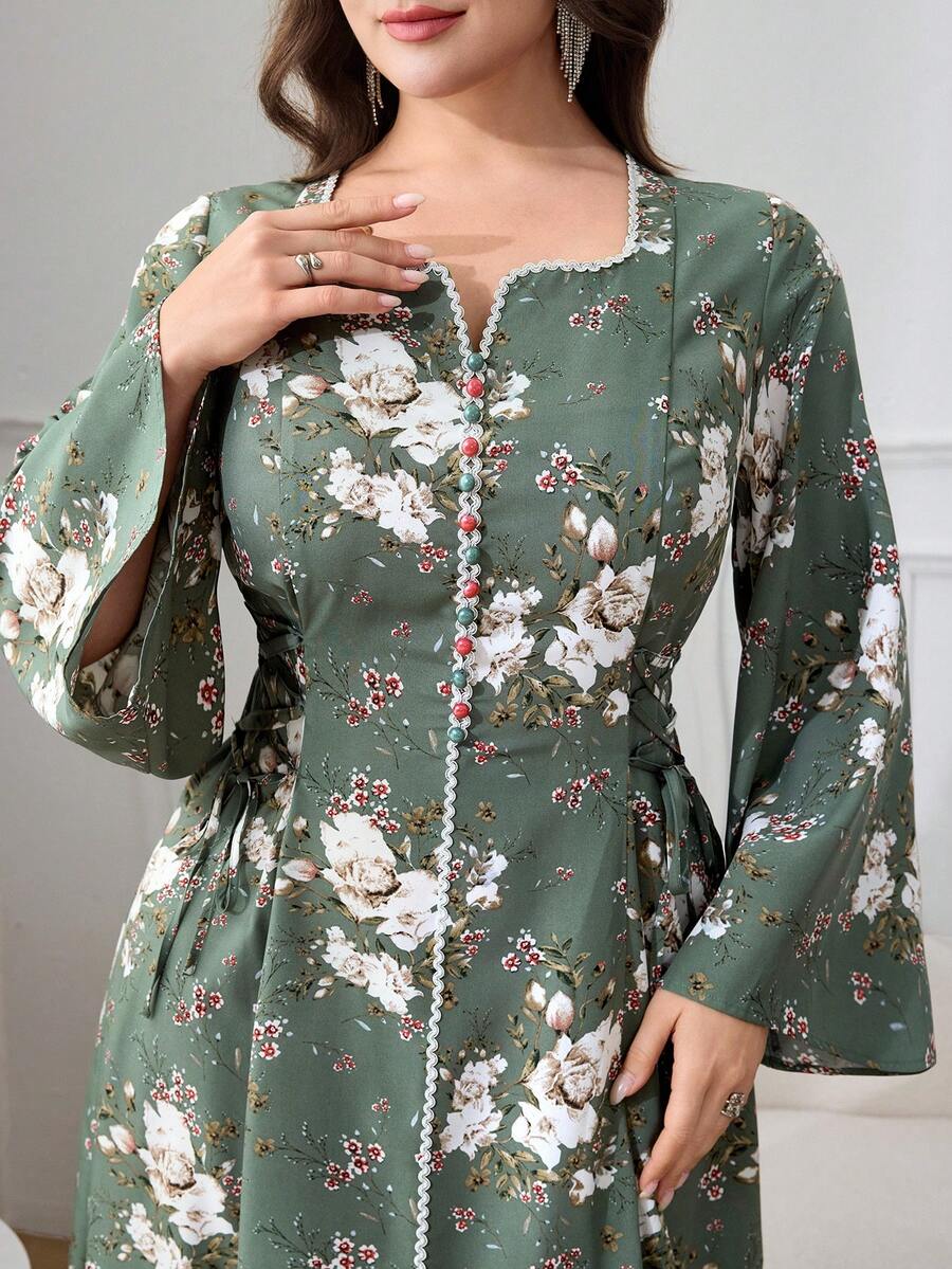 Al Najma 大码女式印花喇叭袖纽扣设计优雅阿拉伯连衣裙 - 紅色 - 查看 1