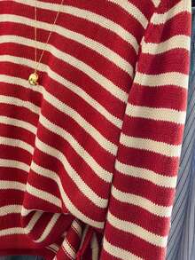 EMERY ROSE 大码女式条纹印花圆领休闲长袖针织衫 - 紅色 - 查看 4