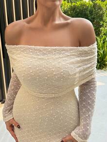 MDEdit Aprikotfarbenes, schultergfreies, transparentes Off-Shoulder Mini-Kleid mit Langarm und figurbetonter Passform, strukturierter Stoff für romantische Dates und Urlaub - Aprikosenfarben - Übersicht 4