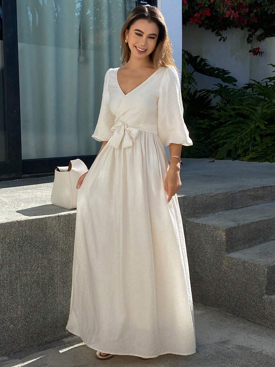 Spring/Summer Beach Vacation, Valentine's Day, Wedding, Banquet, Ball Gown, Fashion Party, Old Money Luxury White Dress With Waist Cinching For Women