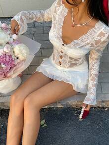 MainGRL White Lace Sexy Sheer Cropped Front Button Bodycon T-Shirt,Valentine's Day See Through Top Lace Long Sleeve Top - White - View 4