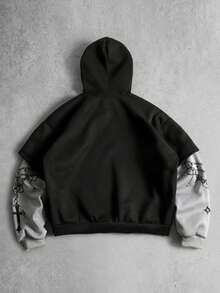 ROMWE MEN 男士休闲时尚街头标语十字链印花保暖连帽卫衣，秋冬款 - 黑色 - 查看 2