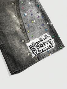 ROMWE Grunge Punk Plus Size Women's Letter Embroidery Pocket Rhinestone Decor Fashion Denim Shorts - Black - View 4