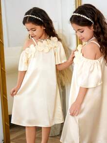 1pc Girls Casual Loose Fit Satin Slip Dress, Sleeveless Floral Neck Design, Elegant & Vintage Style, Suitable For Summer - Champagne - View 9
