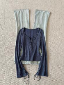 SHEIN Women's Casual Daily Commute Scoop Neck Grommet Lace Up Bell Sleeve Top, Spring/Autumn - Grey - View 1