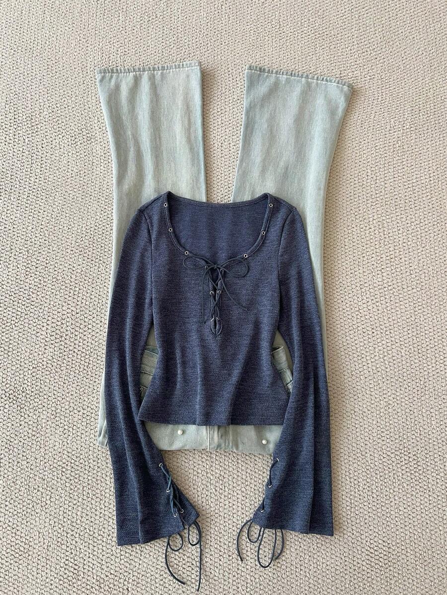 SHEIN Women's Casual Daily Commute Scoop Neck Grommet Lace Up Bell Sleeve Top, Spring/Autumn - Grey - View 1