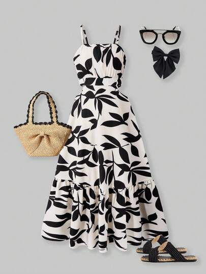 SHEIN ChillGRL Streecool Teen Girls Woven Allover Print Elegant Waist Cinched Camisole Dress With Cutout Back Design, Suitable For Casual Daily Wear In Spring/Summer