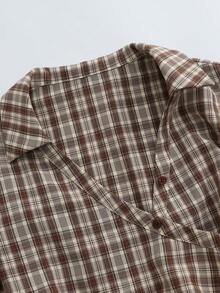 Franclia Summer New Women's Plaid Print V-Neck Lantern Sleeve Ruched Bodycon Mini Dress, Suitable For Work, School, Casual Wear, Women's Spring/Summer Clothing, Shirt Dress, Brown Plaid Pattern, Office Attire, Short Sleeve, Fitted Waist Design - Khaki - View 4