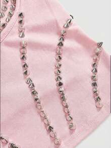 ROMWE Grunge Punk Áo hai dây ôm sát người phong cách punk tối màu gợi cảm, thời trang dành cho nữ, đính đinh tán nhọn, thích hợp cho mùa hè. - Hồng - Xem 4