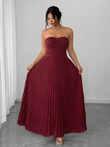 Elenzga 大码女装春夏新款奢华优雅酒红色无肩带褶皱长裙，抽绳腰身设计，飘逸垂坠。适合浪漫婚礼、正式派对、情人节、都市出行、高雅音乐节、休闲嘉年华等各种场合：奢华优雅时尚 - 酒紅色 - 查看 4