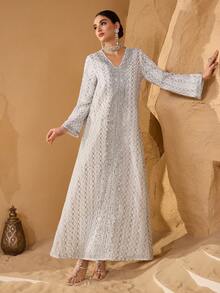 Layrah Elegant Silver Embroidered Long Sleeve Loose Luxury Minimalist Dress - White - View 5