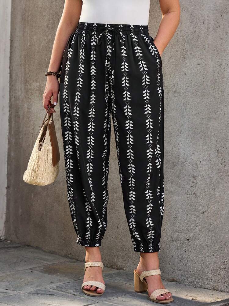 Plus Size Geometric Print Drawstring Pants, Casual Holiday Style For Summer/ Vacation Spring Women Spring Beach Vacation For Women Bohemian Boho Pants For Women Printed Pants Women's Casual Pants