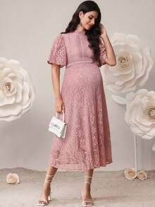 SHEIN 优雅蕾丝纯色孕妇派对礼服 - 粉色 - 查看 5