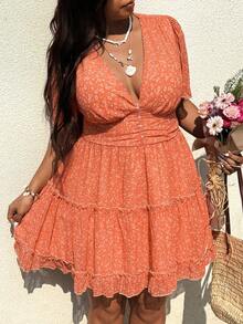 SHEIN SunnyBelle 大码女式休闲碎花短袖连衣裙 - 橘色 - 查看 4