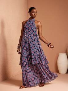 JIAN LASALA All-Over Print Mesh Halter Neck Tie Sleeveless Layered Ruffled Women Maxi Dress Spring Summer - Multicolor - View 8